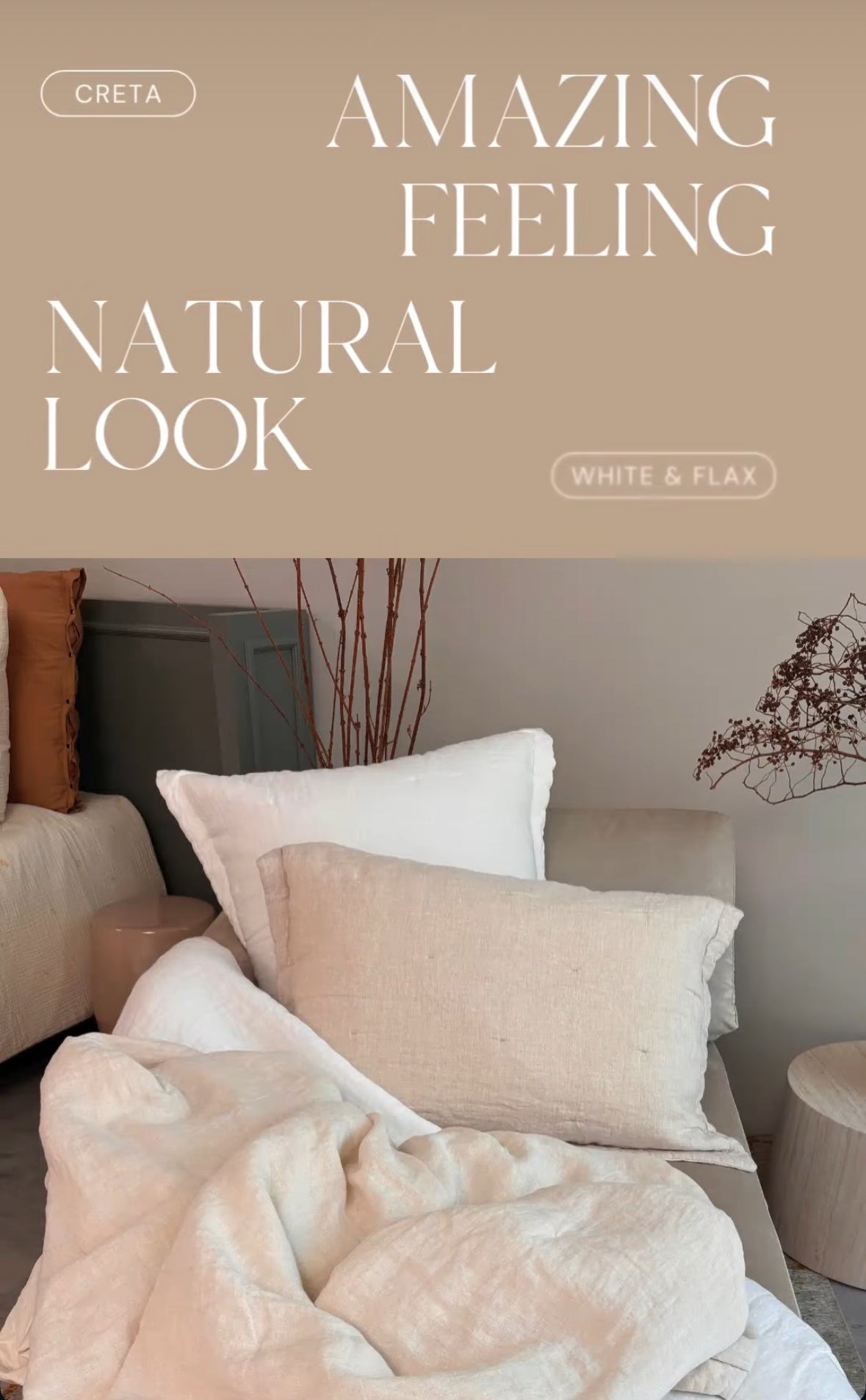 A styled bedding set in a neutral bedroom scene, featuring white and beige pillows and a soft cream throw blanket. The top portion has a beige banner with text reading 'CRETA', 'AMAZING FEELING NATURAL LOOK', and 'WHITE & FLAX'.